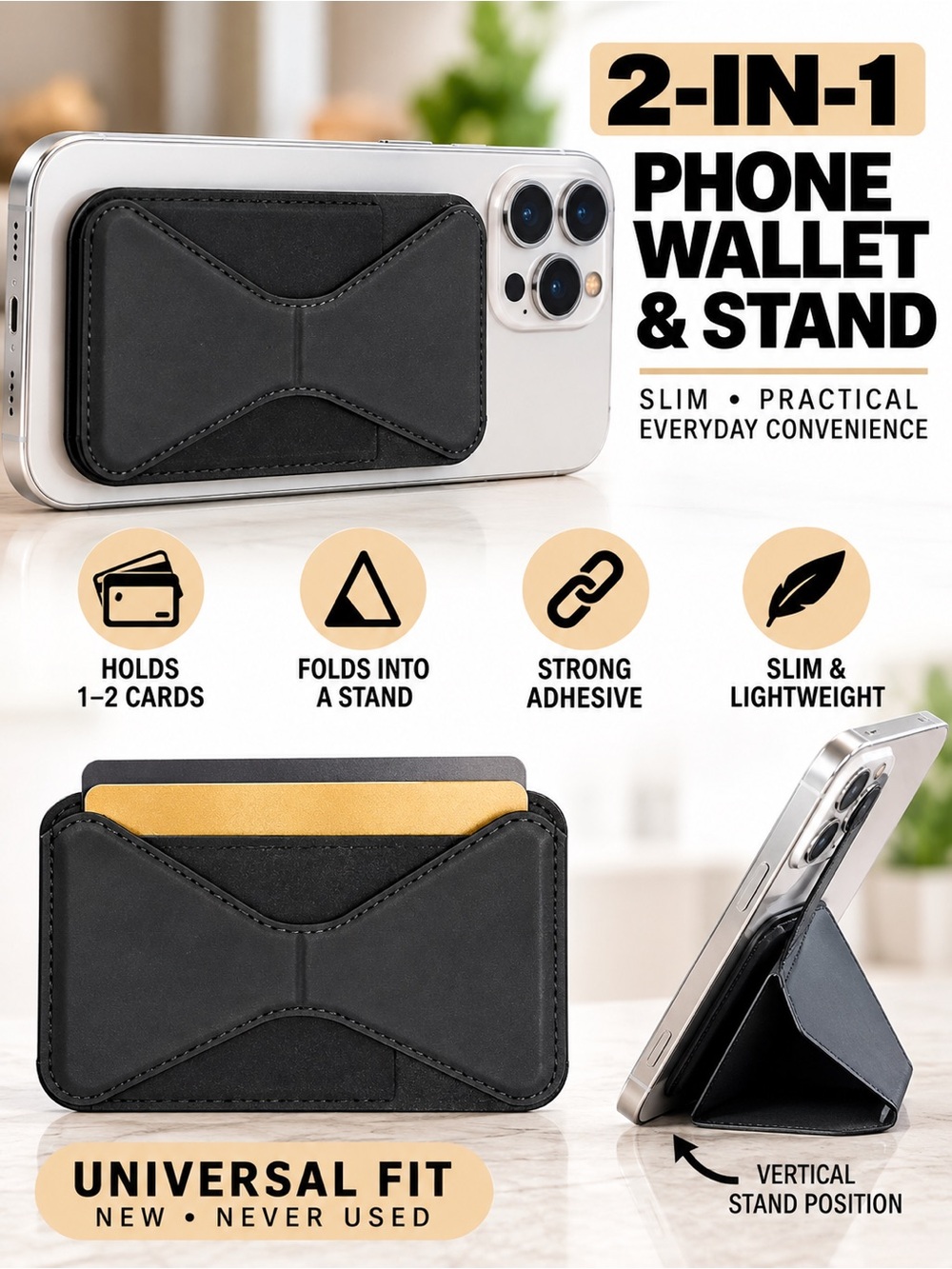 2-in-1 Adhesive Phone Card Wallet Foldable Kickstand Black
